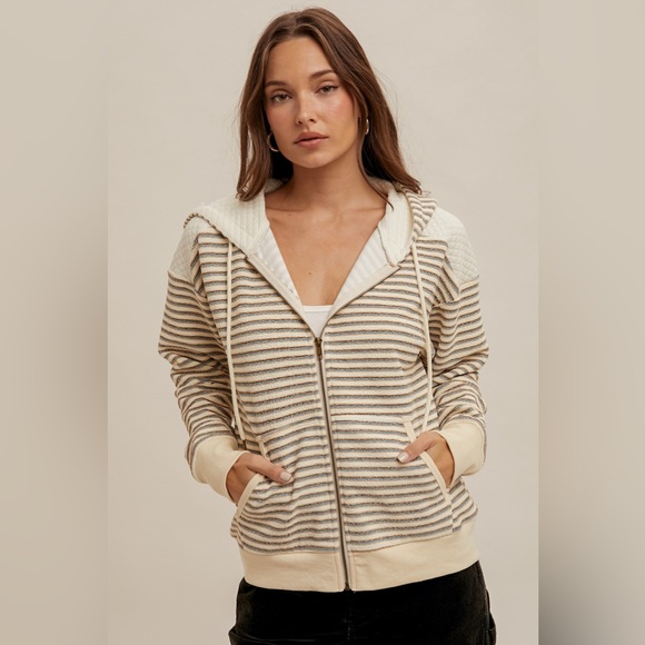 Hem & Thread Striped Utility Jacket in Cream and Brown - Picture 3 of 7